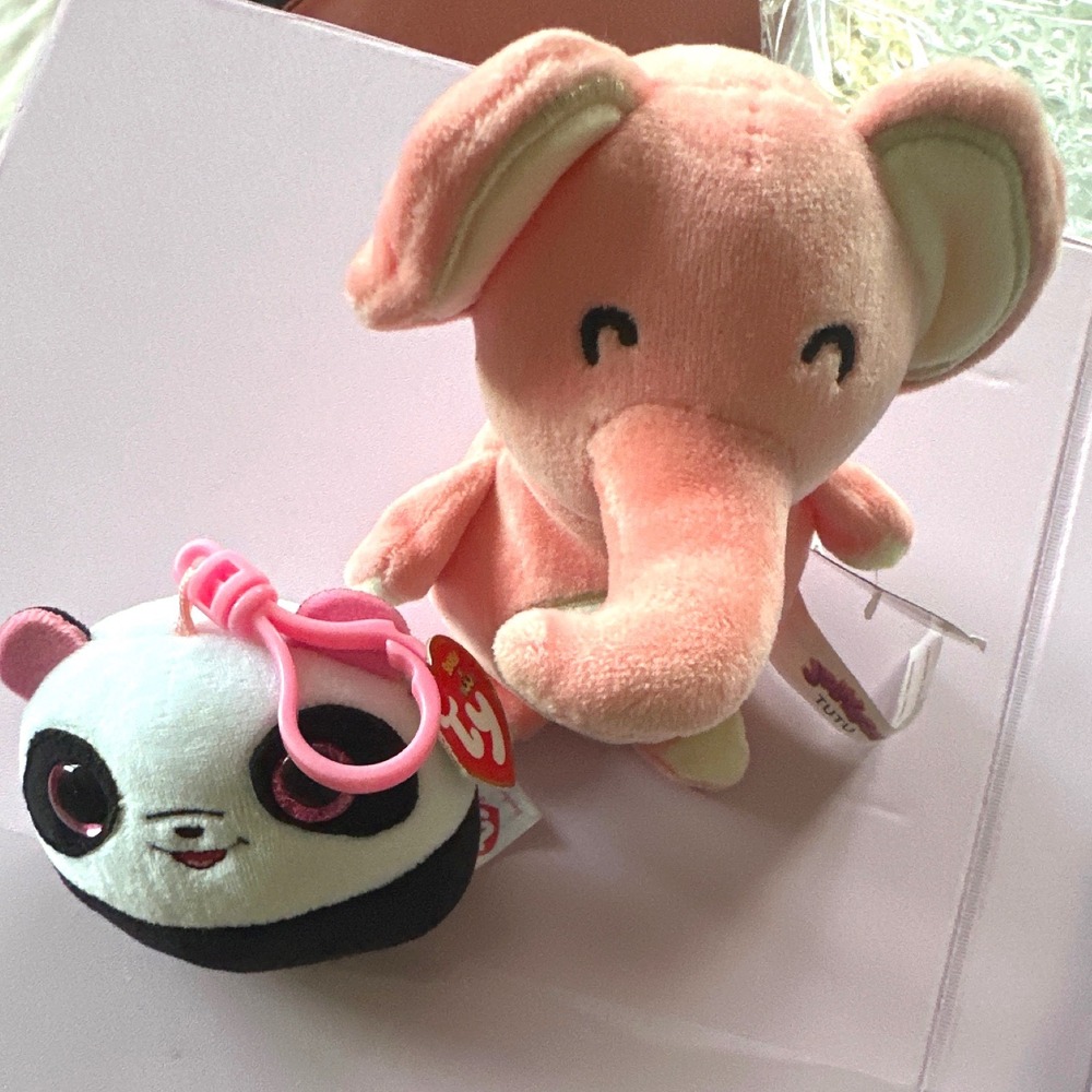Ty Squish-a-Boos Bamboo Panda Clip & Jellyroos Tutu Elephant Plush Bundle NWT